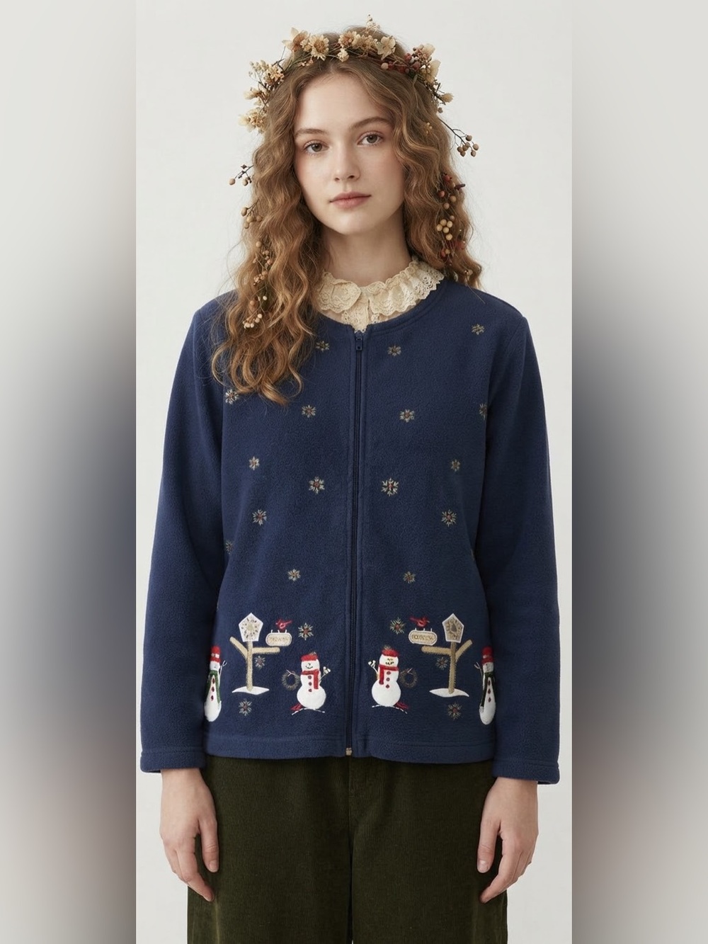 Vintage Cottagecore Kitschy Zip Up Cardigan Winter Snowman Snowflake Fleece Cute
